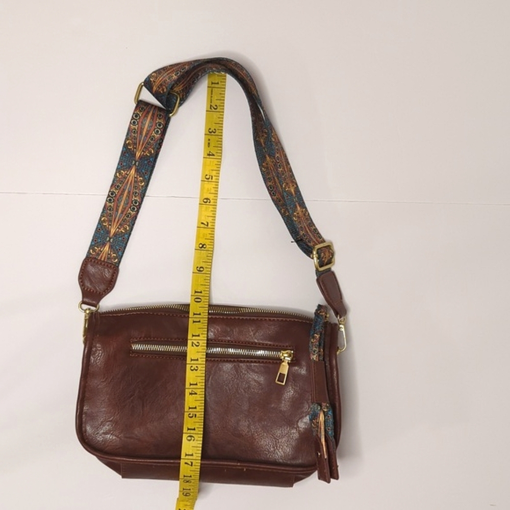Brown Faux Leather Shoulder Bag with Retro Patterned Strap, Tribal, Aztec,Guitar - Picture 11 of 12
